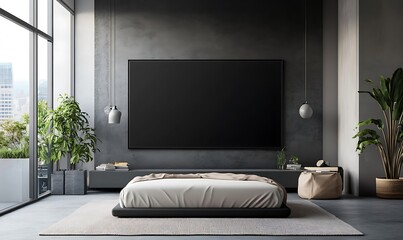Modern Minimalist Bedroom Interior with Large TV and City View