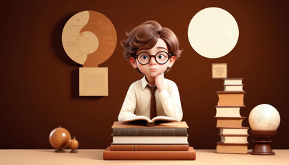 boy readings books with cartoon style 