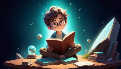 boy readings books with cartoon style 