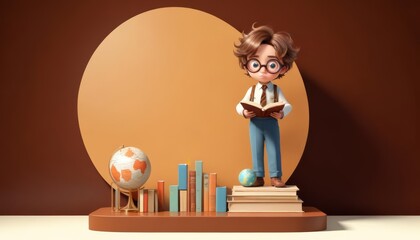 boy readings books with cartoon style 