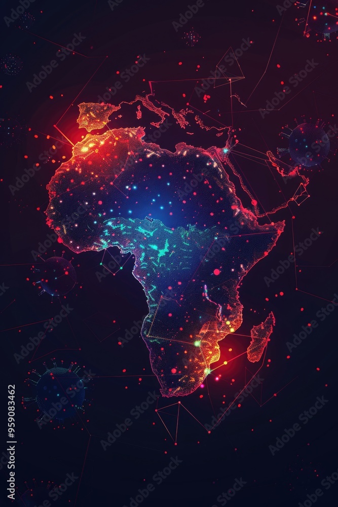 Poster map of africa with numerous dots, ideal for illustrating concepts or highlighting important location