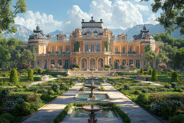 Obraz premium A baroque palace with expansive gardens and elaborate fountains, showcasing the opulence of the time. Concept of royal luxury and horticultural design.