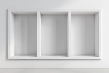 A simple white shelving unit with three equal-sized shelves, ideal for storing books or decorative items