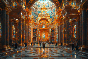 Obraz premium A baroque church adorned with intricate gold leaf and elaborate frescoes, with worshippers attending a solemn mass. Concept of religious splendor and artistry.