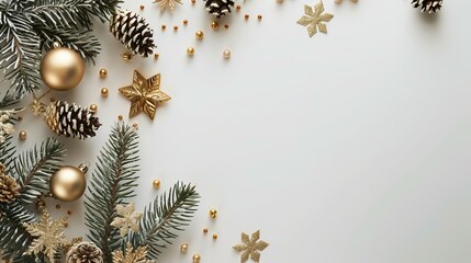 Merry Christmas and New Year. Festive composition. Beautiful light Christmas design. Fir branches, shiny golden balls, confetti and baubles. Christmas background.