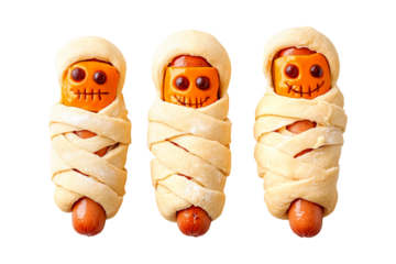 Halloween-themed mummy hot dogs wrapped in dough with eyes and mouths isolated on white transparent background. Concept of fun and festive Halloween food
