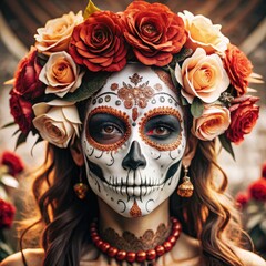 Celebrating Day of the Dead with vibrant flowers and intricate skull makeup. Generative AI