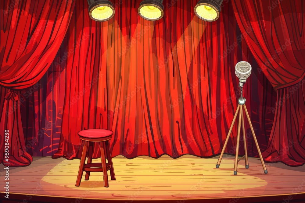 Poster a red curtain with a stool on a stage, perfect for theater or performance use