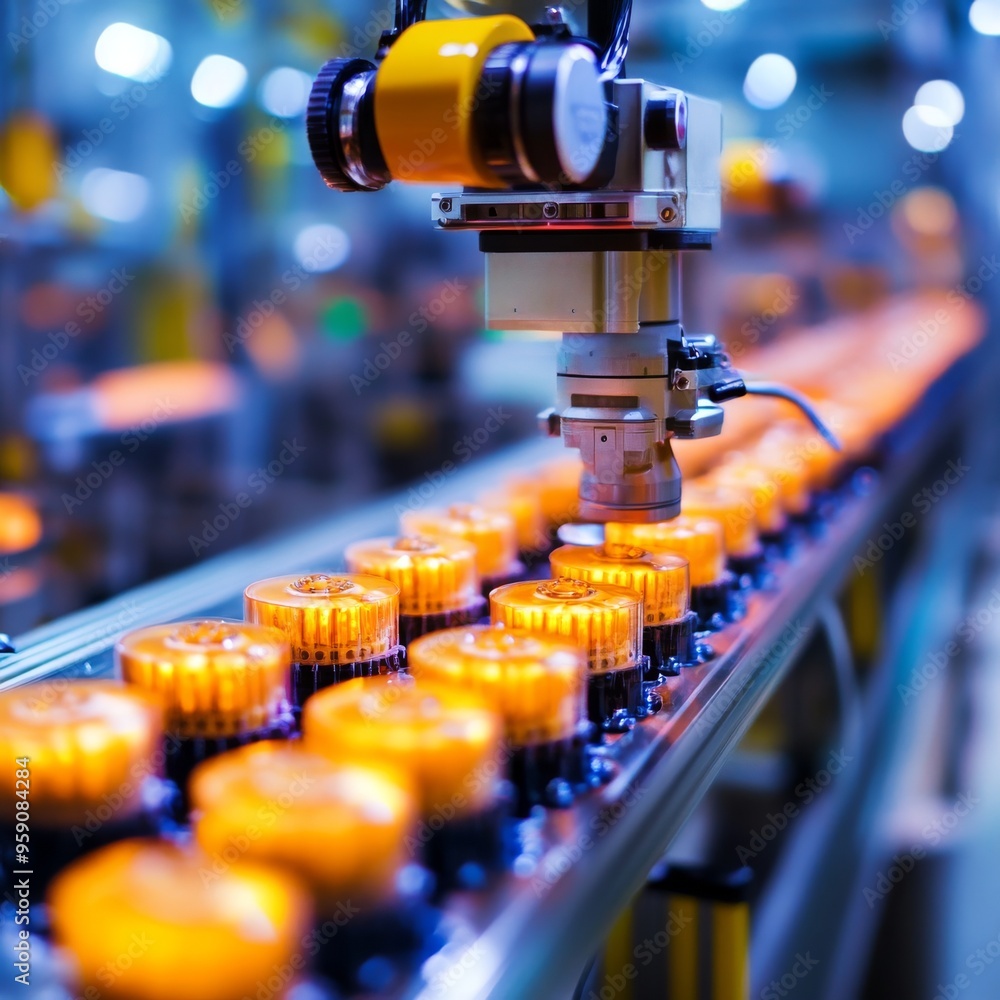 Poster robotic arm working on an assembly line, placing small orange objects into packaging.