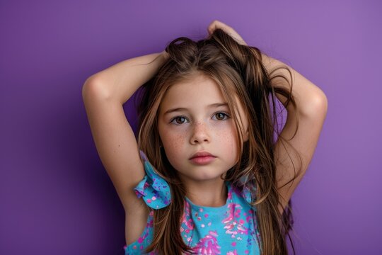 A young girl holds her long brown hair back, possibly getting ready for a special occasion