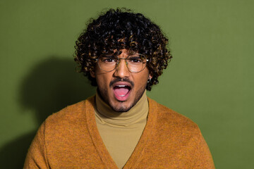 Photo portrait of handsome young guy angry scream argument dressed stylish brown garment isolated...