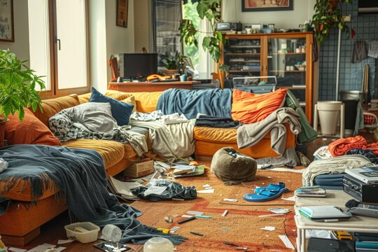 Furniture and clutter fill this messy living room