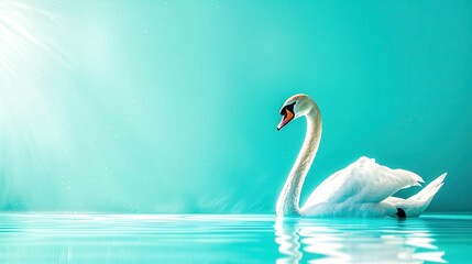 Fototapeta premium Elegant white swan posing on a minimalist turquoise background