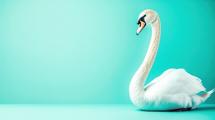 Elegant white swan posing on a minimalist turquoise background