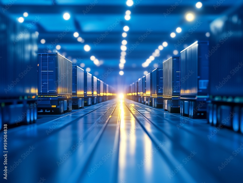 Poster rows of servers in a data center with bright blue and yellow lights. the servers are neatly organize