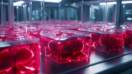 Rows of red liquid filled containers holding small bioluminescent organisms in a laboratory setting.