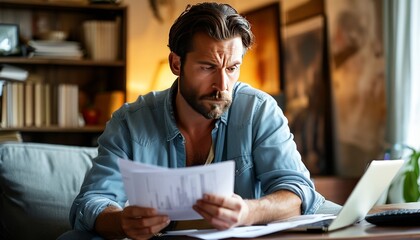 Concerned man reviewing financial documents at home office