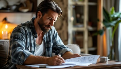 Focused man reviewing documents at home office desk