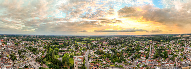 Aerial drone panorama shot during sunset over the town of Bishops Stortford in England