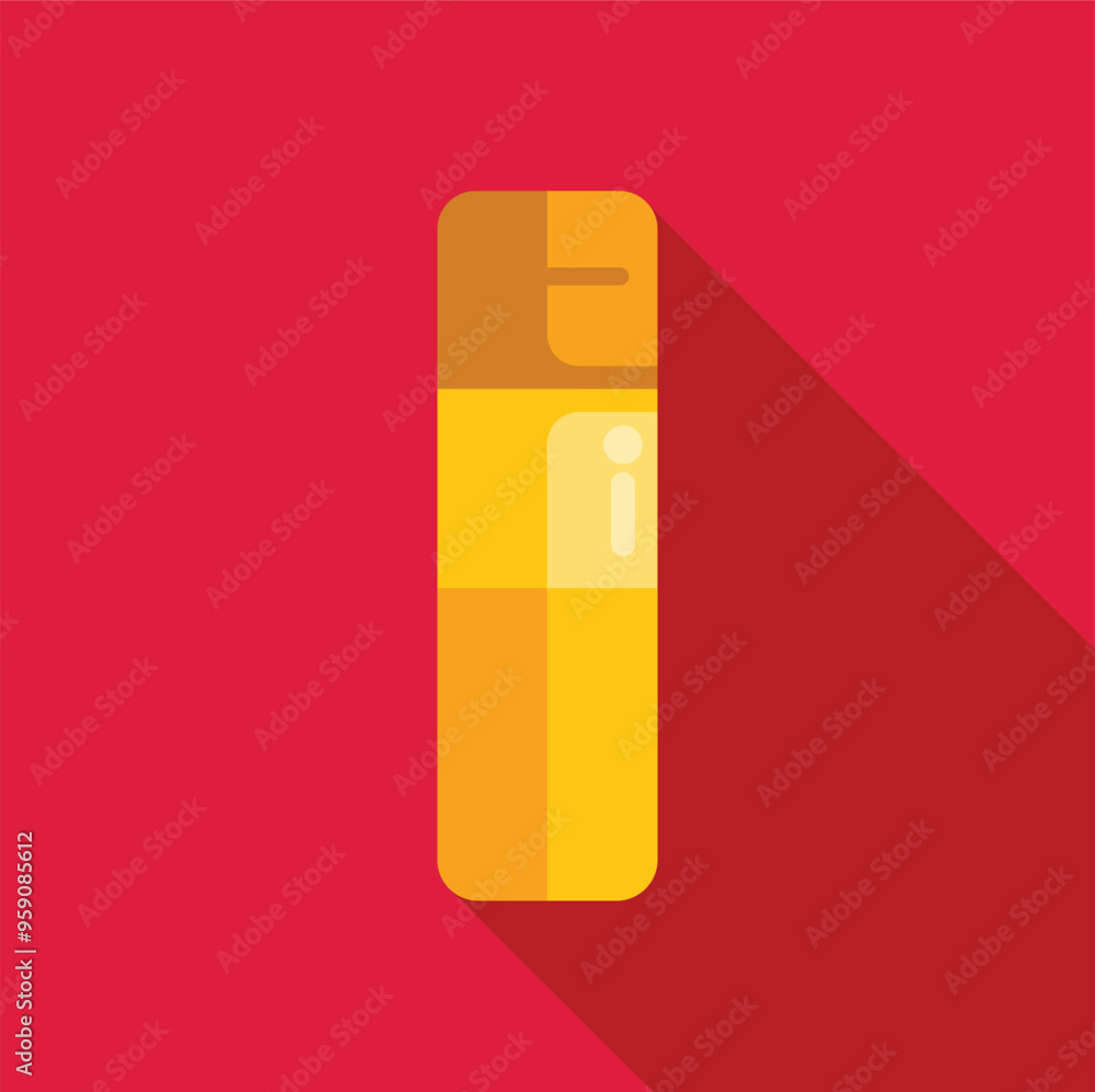 Poster yellow lighter with brown top casting long shadow on red background, simple flat design of useful ob