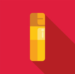 Yellow lighter with brown top casting long shadow on red background, simple flat design of useful object