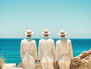 Three businessmen in white suits and hats walking on beach
