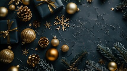 Merry Christmas and New Year. Festive composition. Beautiful dark Christmas design. Fir branches, shiny golden balls, confetti and baubles. Christmas background.