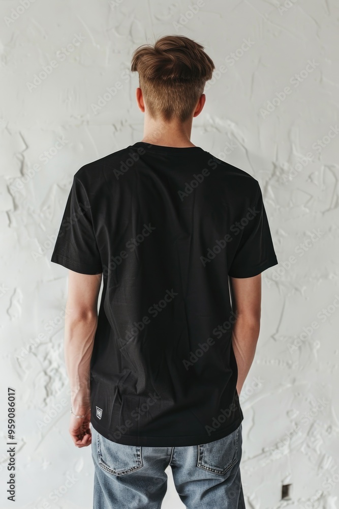 Poster a person standing in front of a blank white wall, great for use as a placeholder or background image