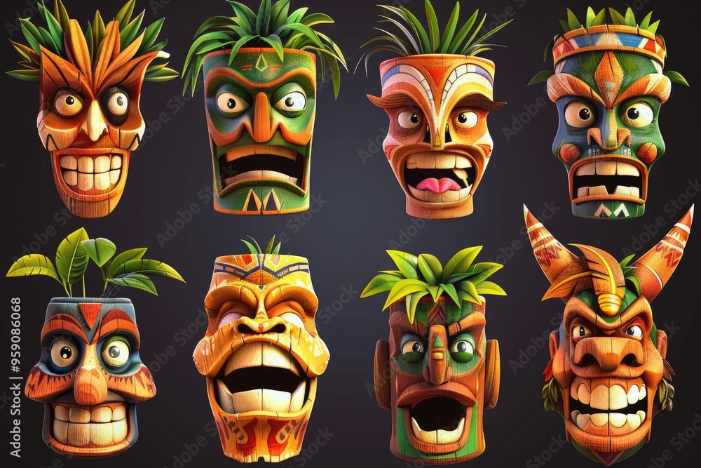 Poster a set of cartoon tiki heads with various facial expressions, perfect for use in illustrations and de