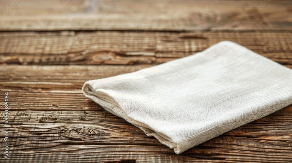 Poster a simple white towel resting on the surface of a wooden table