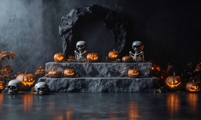 A Halloween scene with skeletons, pumpkins and a cave backdrop.