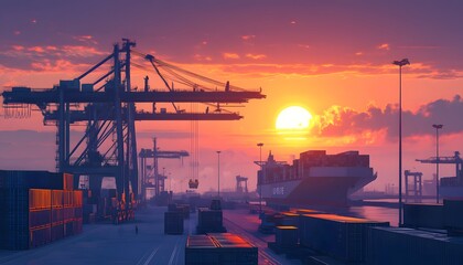 Obraz premium Cargo Ship Docked at a Port at Sunset