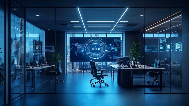 Modern Office Interior with Blue Neon Lights and a Futuristic Digital Display
