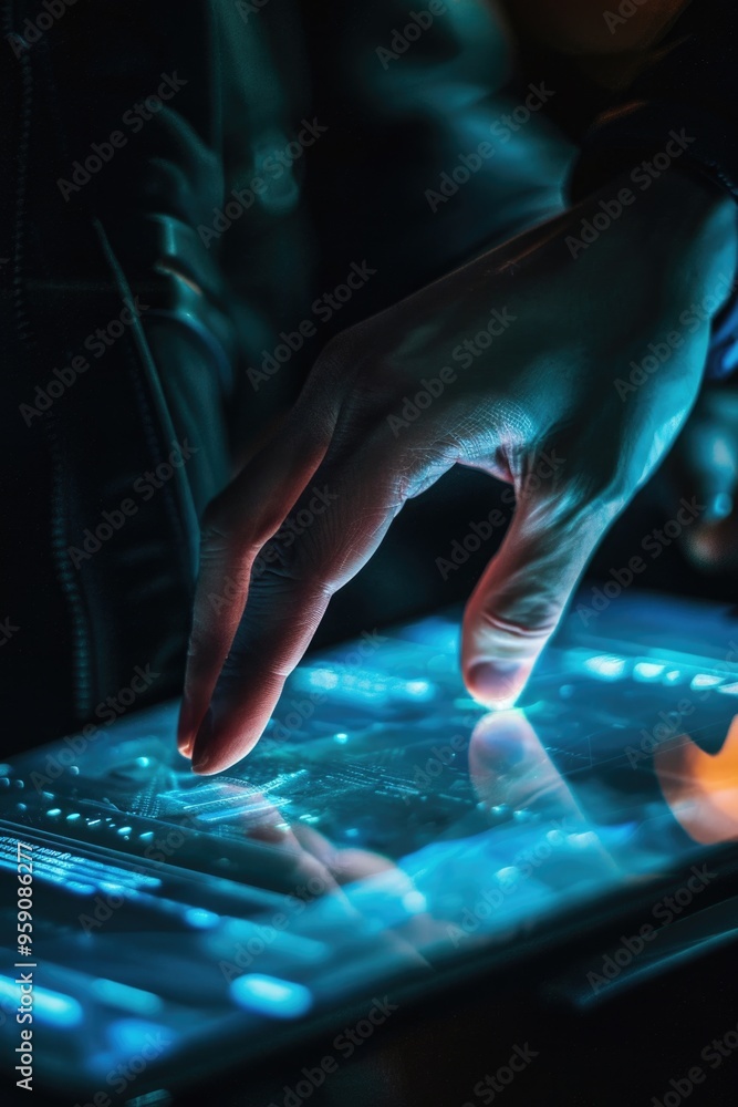 Poster A close-up shot of someone holding and interacting with a tablet, suitable for use in technology-related contexts