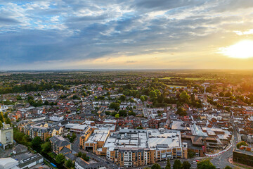 Aerial drone shot during sunset over the town of Bishops Stortford in England