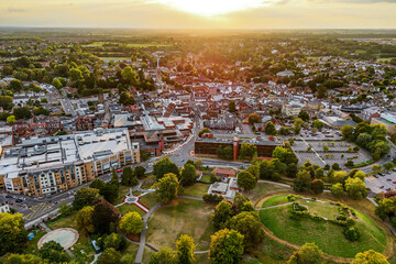 Aerial drone shot during sunset over the town of Bishops Stortford in England
