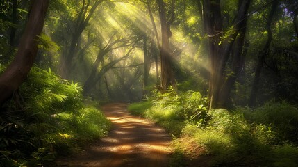 Fototapeta premium Sun rays filtering through the trees on a forest path