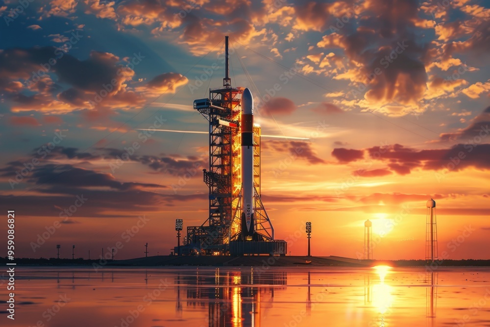 Poster rocket sits on its launch pad as the sun sets in the background, ready for liftoff
