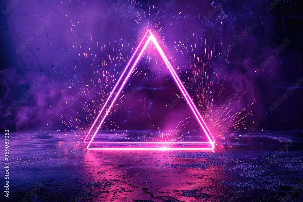 Poster a neon triangle floating on top of a puddle of water