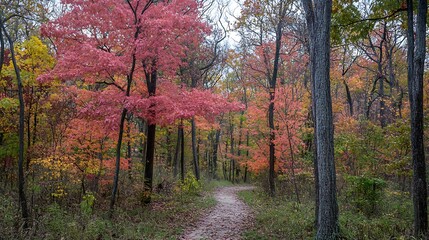 A vibrant autumn forest with trees in shades of red, orange, and yellow, and a path leading through the woods