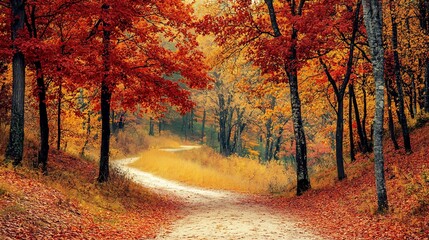 Obraz premium A vibrant autumn forest with trees in shades of red, orange, and yellow, and a path leading through the woods