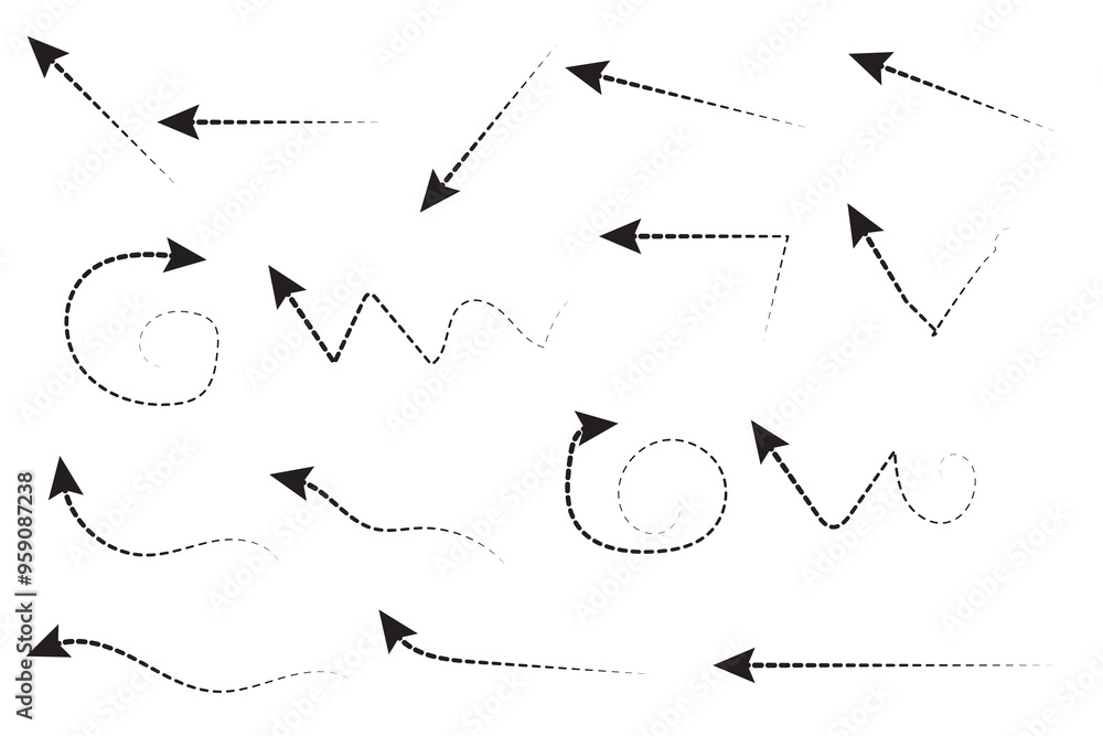 Poster set of black dotted arrows in doodle style. broken arrows in the form of a loop. flow direction. poi