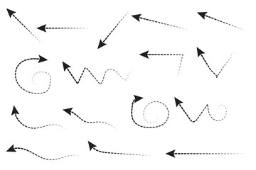 Set of black dotted arrows in doodle style. Broken arrows in the form of a loop. Flow direction. Pointers to the wire, up, down. Curved line. Vector illustration.