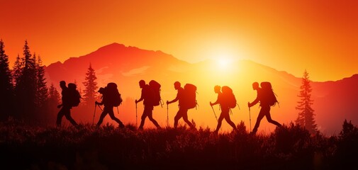 Fototapeta premium Silhouettes of hikers walking through a mountain pass at sunset.