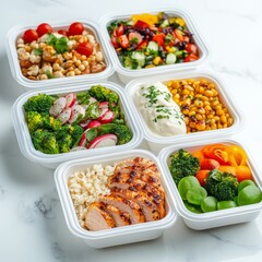 Six containers of healthy meal prep with various vegetables, grains, and protein.
