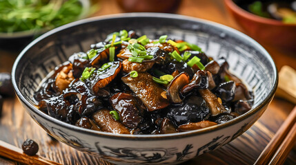 Fototapeta premium Spicy Chinese dish with mushrooms, an Asian cuisine specialty. A flavorful and aromatic dish featuring mushrooms combined with bold, spicy seasonings typical of Chinese cooking, often served hot.
