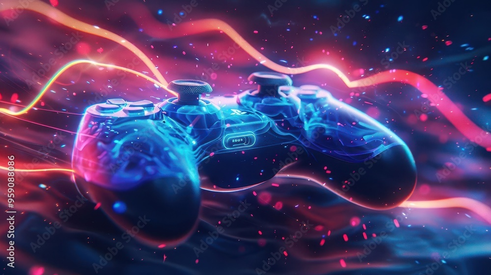 Aufkleber futuristic gaming controller floating in abstract digital space neon energy trails following button 