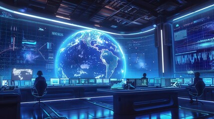 Naklejka premium futuristic network operations center with holographic earth projection tech specialists work amidst glowing displays and data streams monitoring global communications in a hightech environment