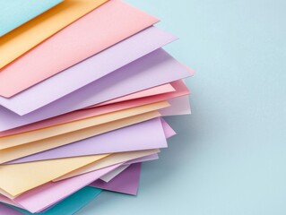 Stack of colorful paper sheets on a light blue background.