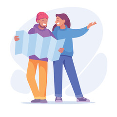 Good Company with Man and Woman Friend Examine Map Vector Illustration